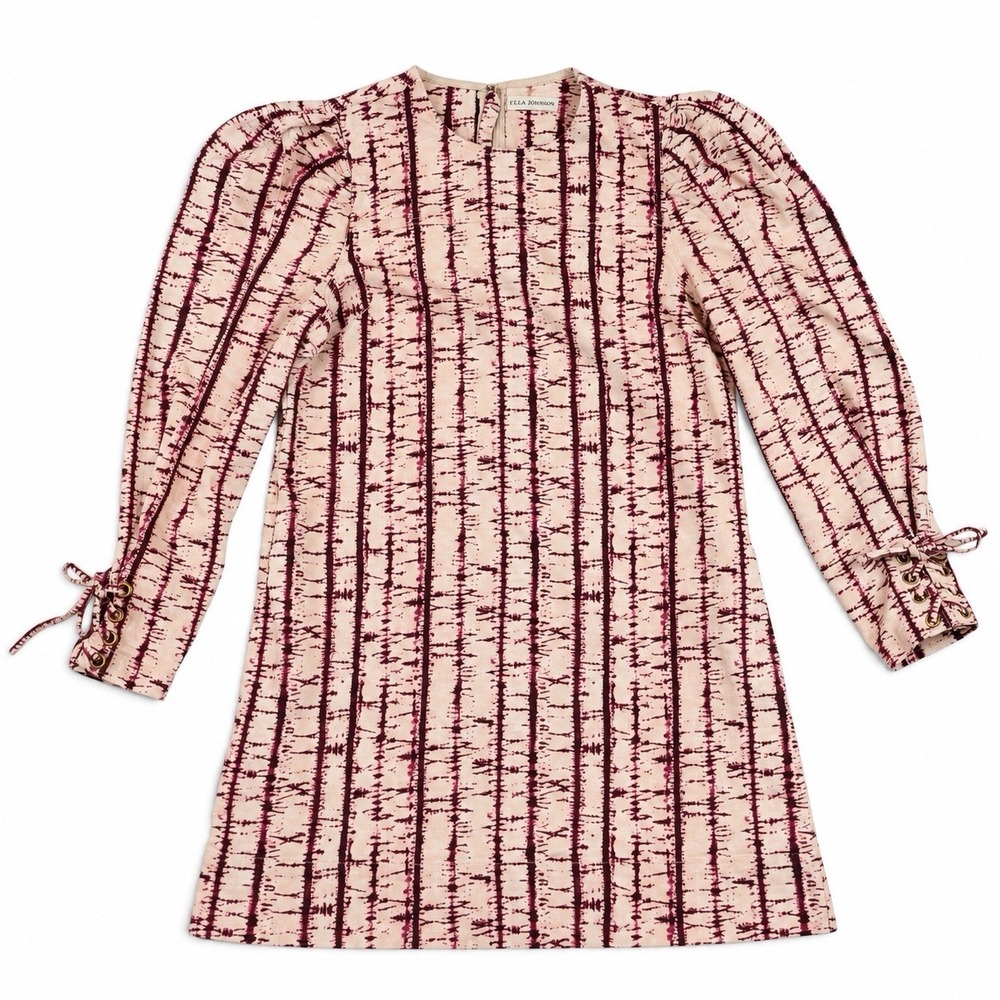 Ulla Johnson Manon Printed Denim Mini Dress Puff Sleeve Pink Size 10
